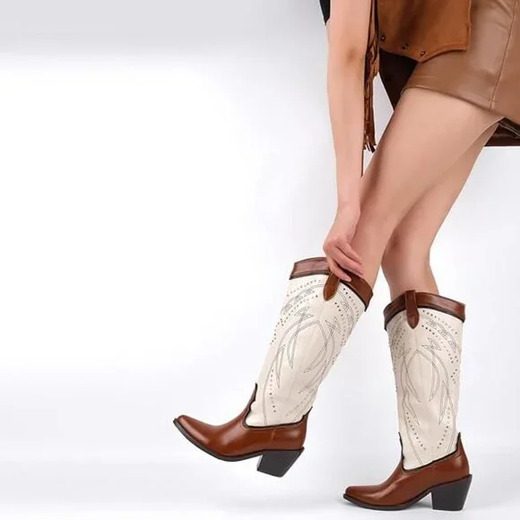 Studded Rivets Knee High Cowboy Boots Pull On Pointed Toe Stacked Embroidered - Picture 2 of 6